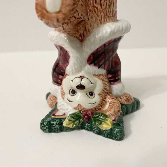 Fitz and Floyd Christmas Tumbling Bear Figurine Red Plaid Santa Suit Stars Chip - Picture 2 of 13
